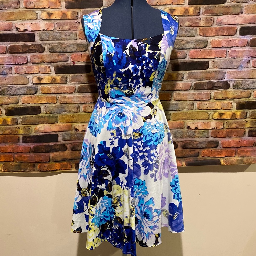 Flower Flowy Blue Circle Skirt Dress with Blue Flowers for Spring Easter Pageant
